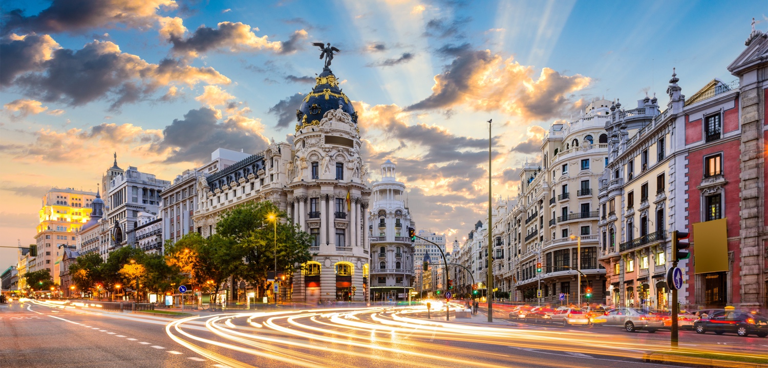 Madrid, Spain cityscape at Calle de Alcala and Gran Via.