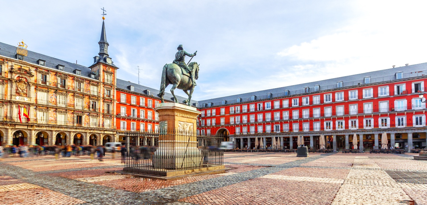 Plaza Mayor with statue of King Philips III in Madrid, Spain